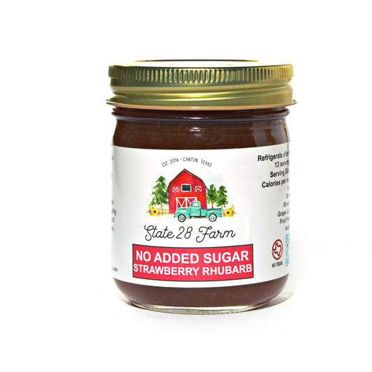 STATE 28 FARM STRAWBERRY RHUBARB JAM- NO GRANULAR SUGAR ADDED 9 OZ