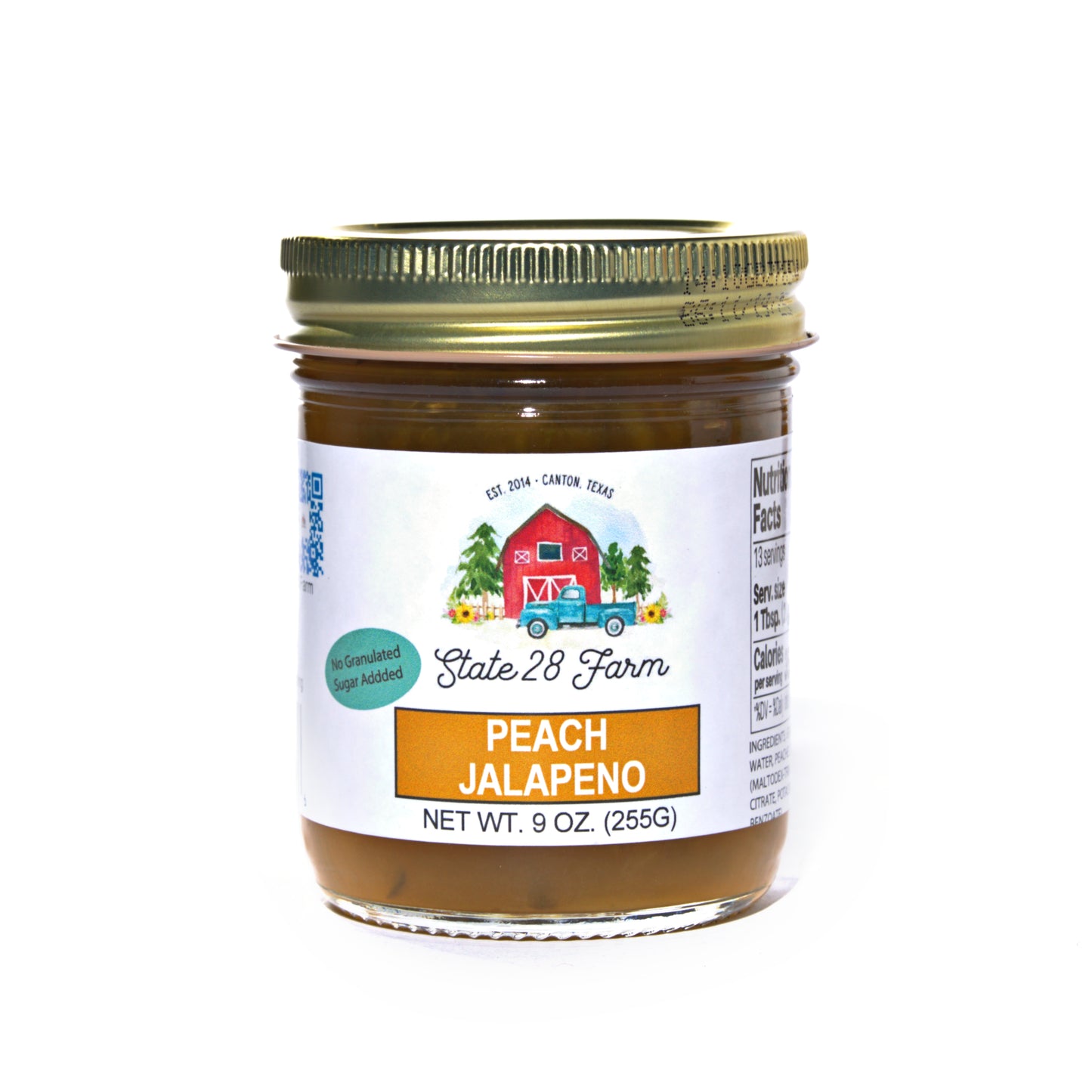 STATE 28 FARM PEACH JALAPENO JELLY- NO GRANULAR SUGAR ADDED 9 OZ